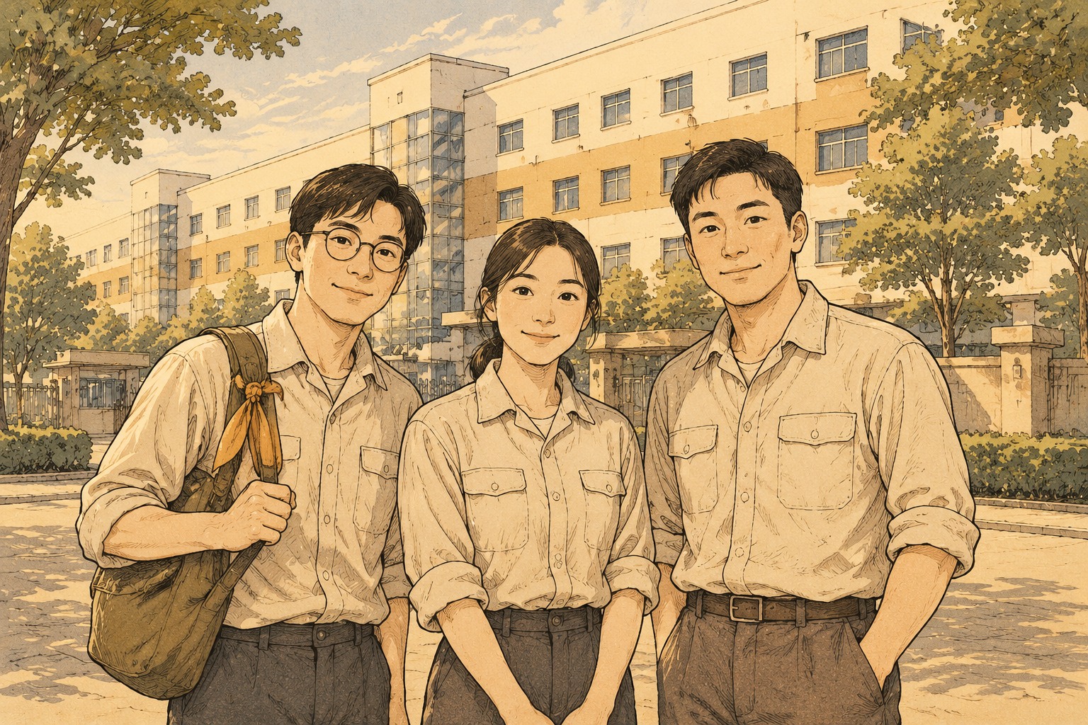 漫画虚构合影：三位工友站在厂房前，左边一人戴圆眼镜
